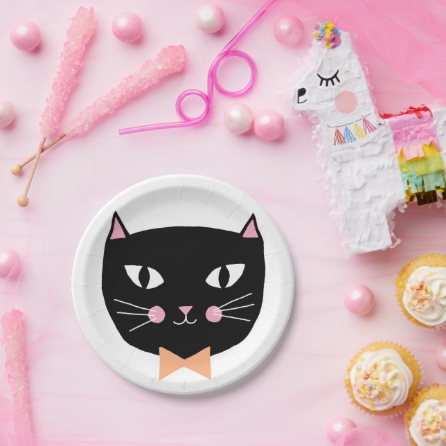 Niedliche Black Cat Bow Krawatte Halloween Geburts Pappteller (Party)