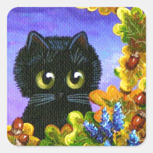 Niedliche Black Cat Herbstlaube Creationarts Quadratischer Aufkleber