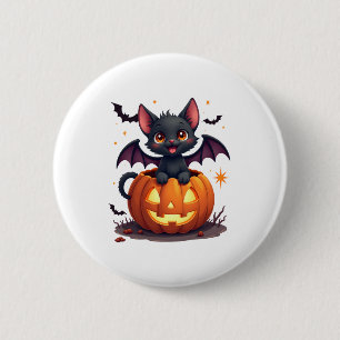 Niedliche Black Cat mit Bat Wings Kürbislaterne Button