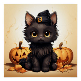 Niedliche Black Cat mit einem schwarzen Hut mit Pu Poster