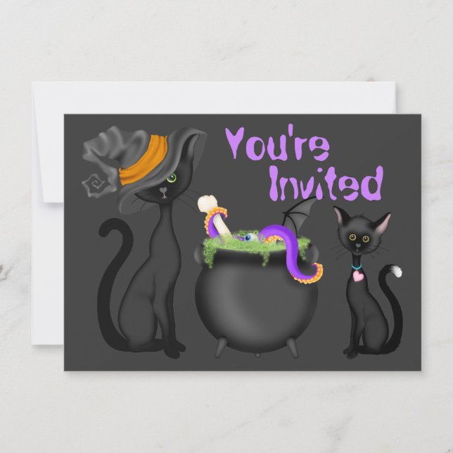 Niedliche Black Cats und Cauldron Halloween Kinder Einladung (Vorderseite)