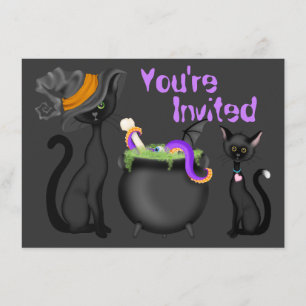 Niedliche Black Cats und Cauldron Halloween Kinder Einladung