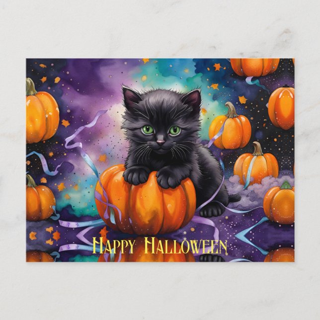 Niedliche Black Kitten Pumpkins und Ribbon Postkarte (Vorderseite)