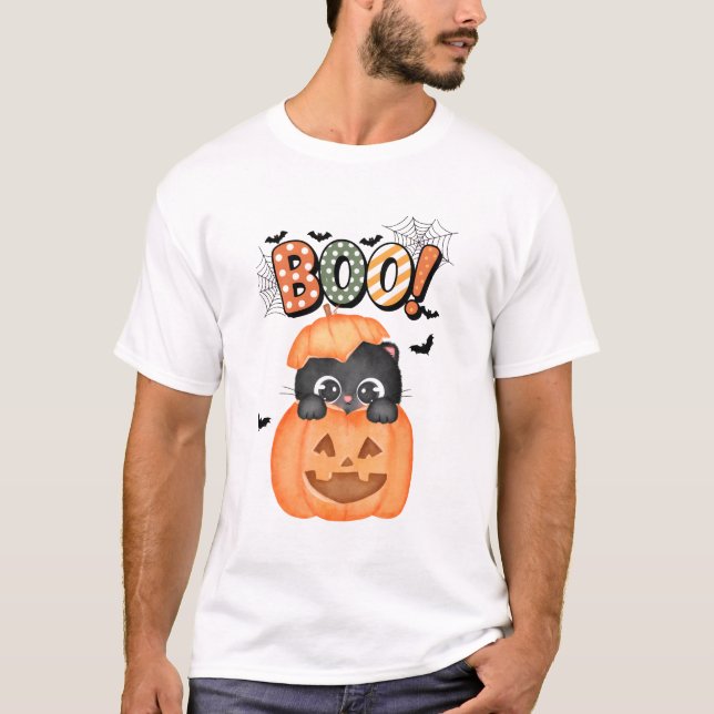 Niedliche Black Kitten Ready to Boo Halloween T-Shirt (Vorderseite)