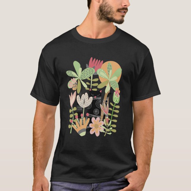 Niedliche Black Kitty Cat im Dschungel Blume Garde T-Shirt (Vorderseite)