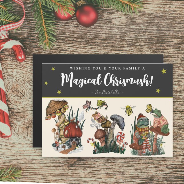 Niedliche Black Magic Mushroom Magnetic Christmas  Magnetkarte (Black magical mushroom christmas card with whimsical illustrations of mushrooms, frogs and snails)