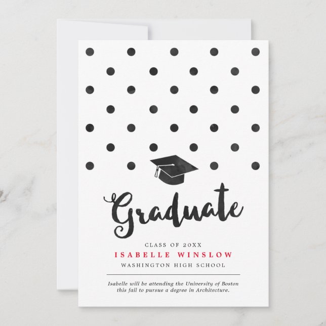 Niedliche Black Polka Dots Graduation Cap Ankündigung (Vorderseite)