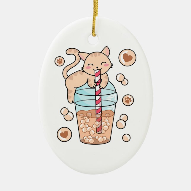 Niedliche Blase Tee Katze Japanisch Anime Pet Love Keramik Ornament (Vorne)