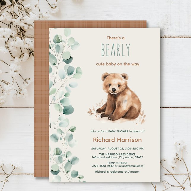 Niedliche Blätter aus dem Wald sind mit einer Baby Einladung (Watercolor bear sage green beige eucalyptus Minimalistic watercolor gender neutral baby shower)