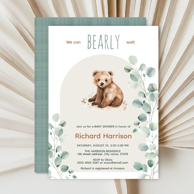 Niedliche Blätter aus dem Wald sind mit einer Baby Einladung (Watercolor bear sage green beige eucalyptus Minimalistic watercolor gender neutral baby shower)