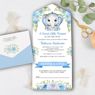 Niedliche blaue Blumen-Elefanten-Baby-Party All In One Einladung