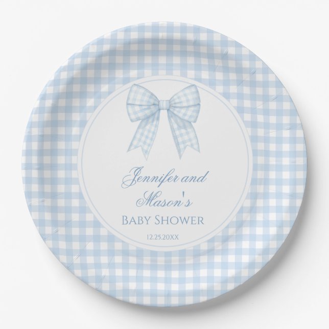 Niedliche, blaue Bugband-Babydusche Pappteller (Vorderseite)