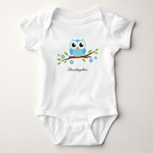 Niedliche blaue Eule auf personalisiertem Namen Baby Strampler