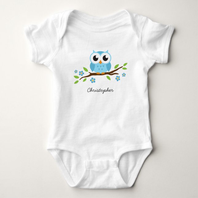 Niedliche blaue Eule auf personalisiertem Namen Baby Strampler (Vorderseite)