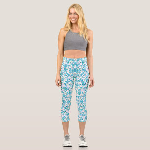 Niedliche, blaue Federblumenmuster Capri Leggings