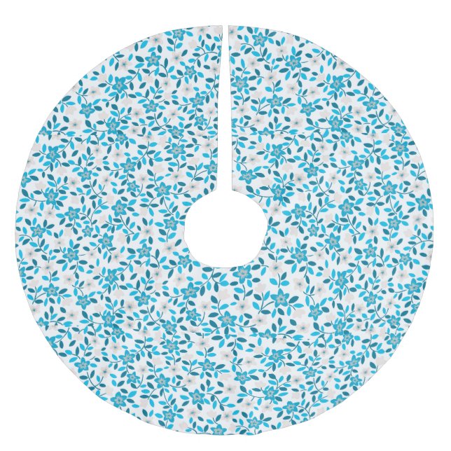 Niedliche, blaue Federblumenmuster Polyester Weihnachtsbaumdecke (Vorderseite)
