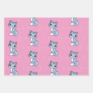 niedliche blaue Katze auf rosa Geschenkpapier Set