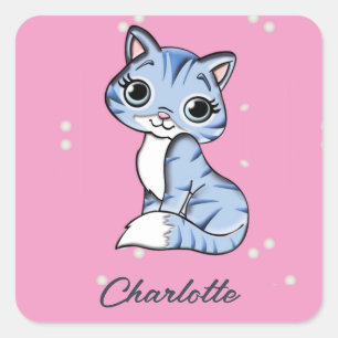 Niedliche blaue Katze auf rosa individuelle Name Quadratischer Aufkleber