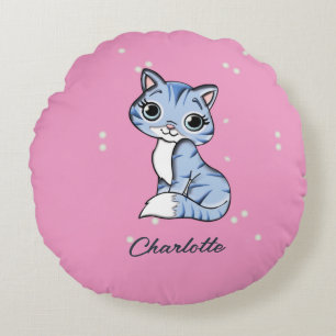 Niedliche blaue Katze auf rosa individuelle Name Rundes Kissen