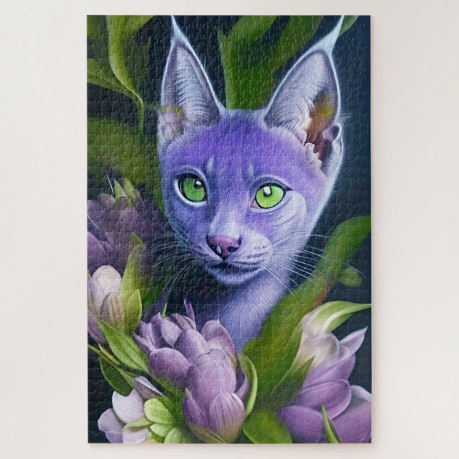 Niedliche blaue Katze in violetten Blumen (Vertikal)