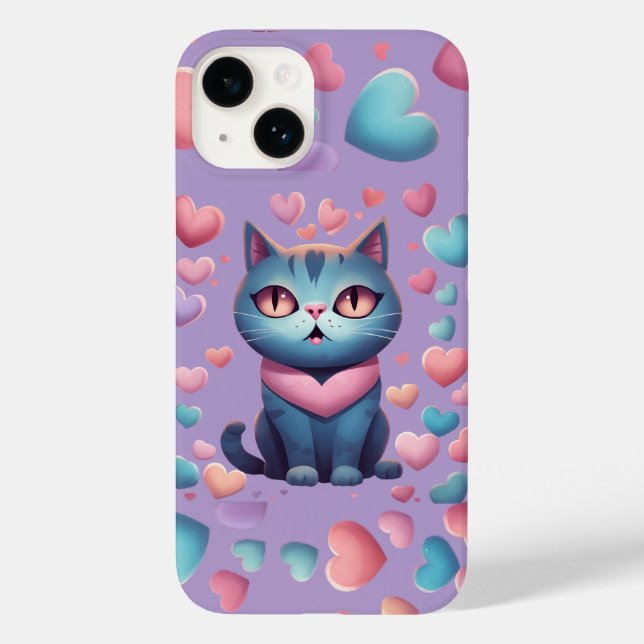 Niedliche blaue Katze mit Herz Hoodie | Kawaii Val Case-Mate iPhone 14 Hülle (Rückseite)