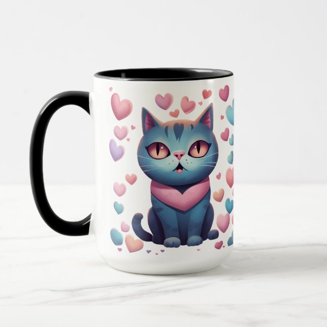 Niedliche blaue Katze mit Herz Hoodie | Kawaii Val Tasse (Links)