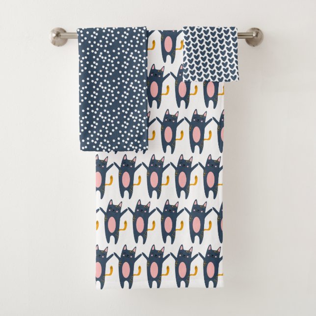 Niedliche blaue Katzen, Herzen und Punkte Badhandtuch Set (Insitu)