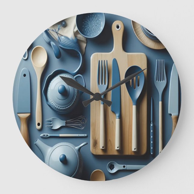 Niedliche blaue Küche Utensitic Tapete Große Wanduhr (Vorderseite)