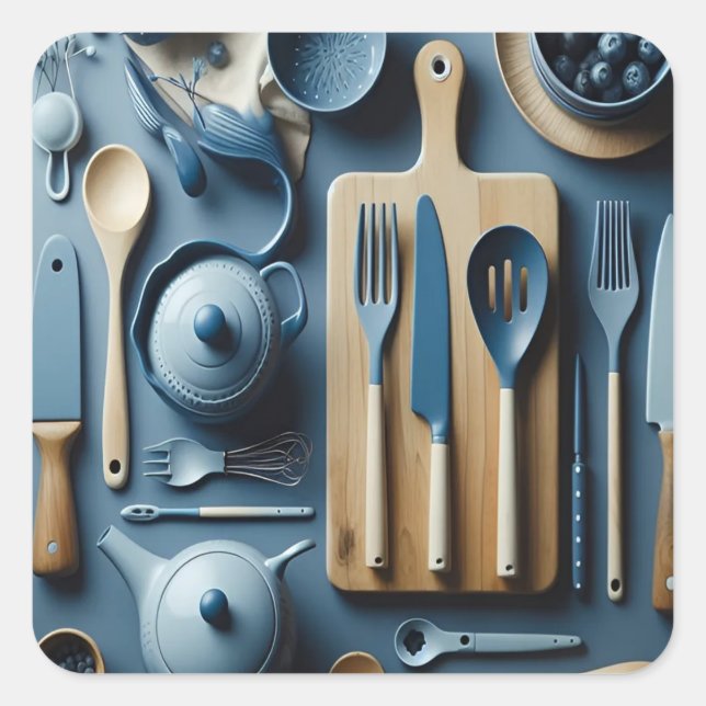 Niedliche blaue Küche Utensitic Tapete Quadratischer Aufkleber (Vorderseite)