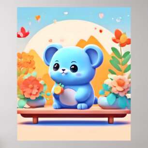 Niedliche blaue Maus mit Blume Poster