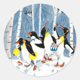 Niedliche blaue Musiker Pinguine Schnee Spaß Ferie Runder Aufkleber