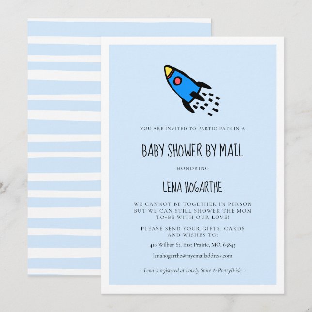 Niedliche blaue Raketenjunge Babydusche per Post Einladung (Vorne/Hinten)