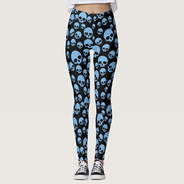 Niedliche blaue Random Skulls Muster Leggings (Vorderseite)