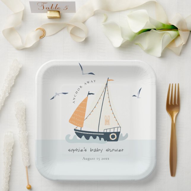 Niedliche blaue Sailboat Pastel Babydusche Pappteller (Hochzeit)