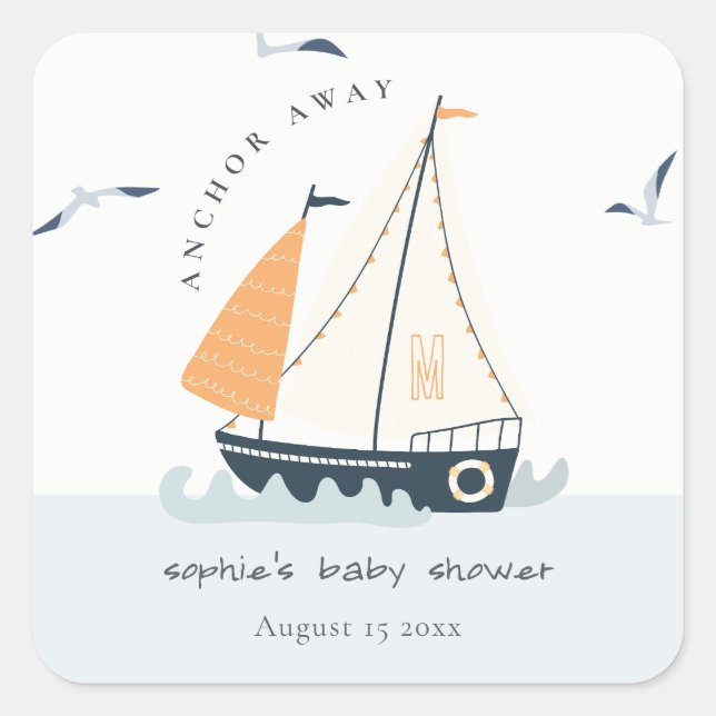 Niedliche blaue Sailboat Pastel Babydusche Quadratischer Aufkleber (Vorderseite)