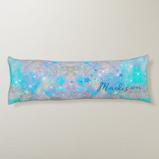 Niedliche blaue Sterne Glitzer Monogramm Seitenschläferkissen (Rückseite)