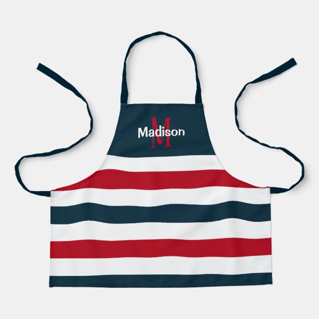 Niedliche blaue Streifen Monogramm Kinder Schürze (Vorderseite)