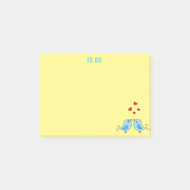 Niedliche blaue Vögel auf gelb Post-it Klebezettel (Vorderseite)