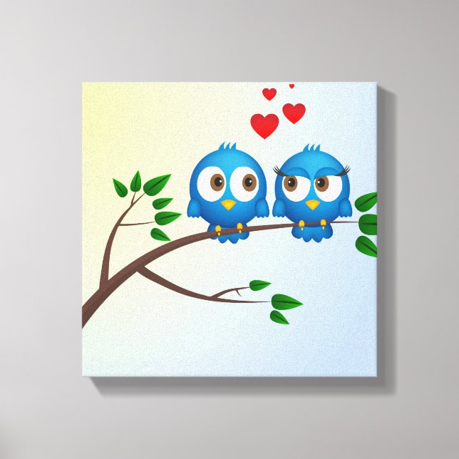 Niedliche Blauvögel im Cartoon der Liebe Leinwanddruck (Vorderseite)