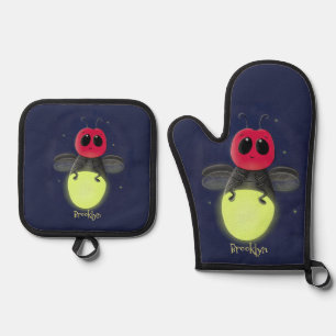Niedliche Blitzfehler-Firefrefly-Cartoon-Abbildung Ofenhandschuh & Topflappen-Set