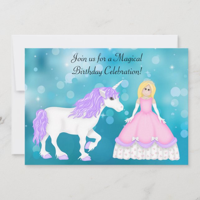 Niedliche Blond Princess and Unicorn zum Geburtsta Einladung (Vorderseite)