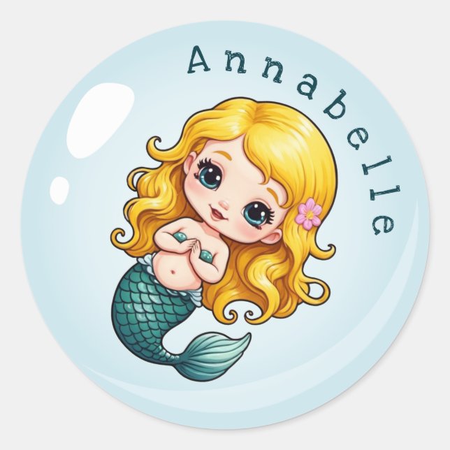 Niedliche Blonde Mermaid in einer Blase personalis Runder Aufkleber (Vorderseite)