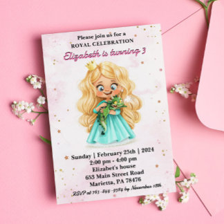 Niedliche Blonde Prinzessin mit Dragon Birthday Pa Einladung