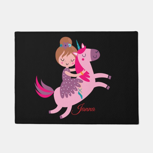 Niedliche Blondie-Hair-Girl-Reiten auf einem Einho Fußmatte (Vorderseite)
