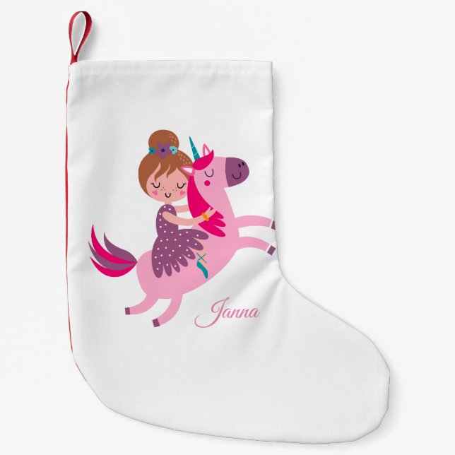 Niedliche Blondie-Hair-Girl-Reiten auf einem Einho Kleiner Weihnachtsstrumpf (Vorderseite)