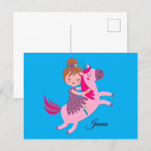 Niedliche Blondie-Hair-Girl-Reiten auf einem Einho Postkarte