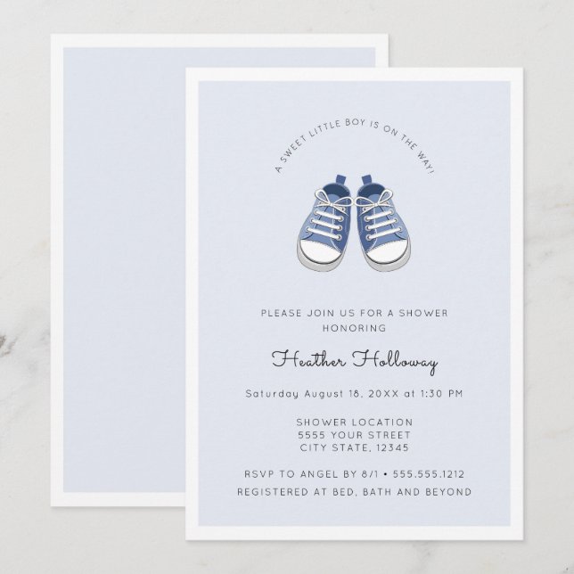 Niedliche Blue Baby Schuhe, Babydusche Einladung (Vorne/Hinten)