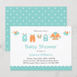 Niedliche Blue Orange Kleidung Boy Baby Dusche Einladung