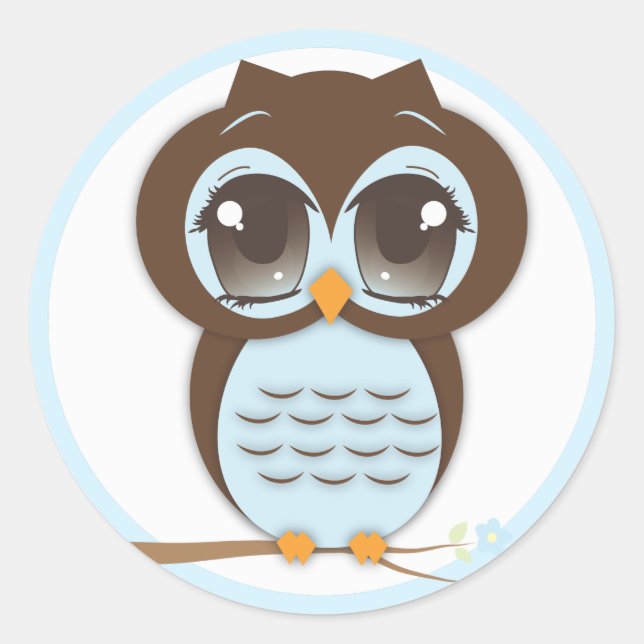 Niedliche Blue Owl Baby-Dusche für einen Jungen Runder Aufkleber (Vorderseite)