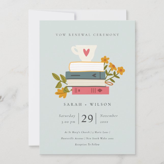 Niedliche Blue Stack Books Floral Vow Renewal Einl Dankeskarte (Vorderseite)